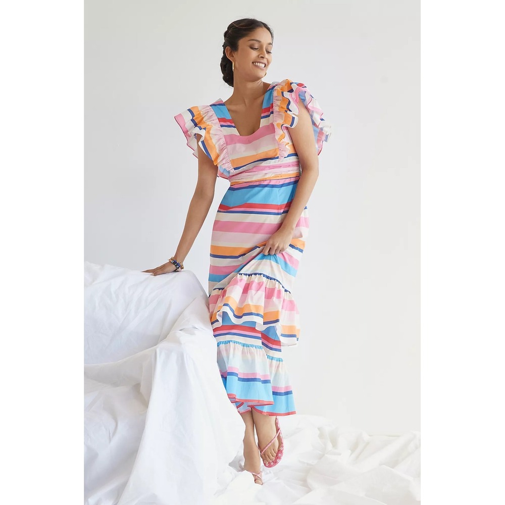 NWT Plenty Rainbow Stripe Ruffle Maxi Dress Tie Waist Flutter Sleeve Medium Chic